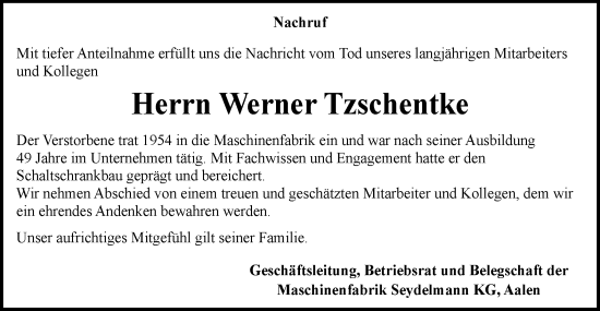 Traueranzeige von Werner Tzschentke von Schwäbische Post