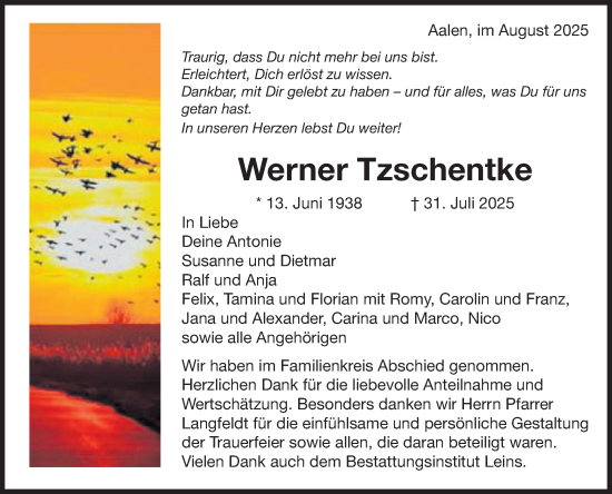 Traueranzeige von Werner Tzschentke von Schwäbische Post