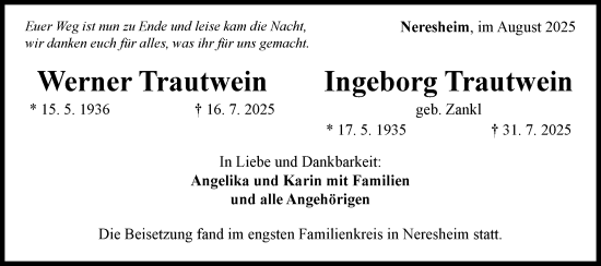 Traueranzeige von Werner und Ingeborg Trautwein von Schwäbische Post