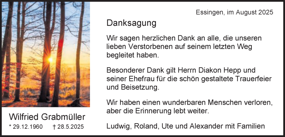  Traueranzeige für Wilfried Grabmüller vom 02.08.2025 aus Schwäbische Post