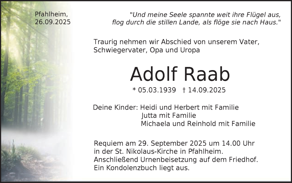  Traueranzeige für Adolf Raab vom 26.09.2025 aus Schwäbische Post