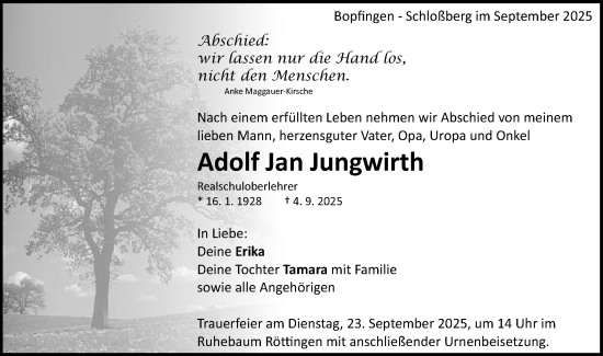 Traueranzeige von Adolf Jan Jungwirth von Schwäbische Post
