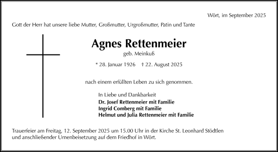 Traueranzeige von Agnes Rettenmeier von Schwäbische Post