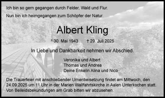 Traueranzeige von Albert Kling von Schwäbische Post