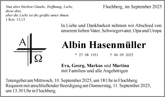 Traueranzeige von Albin Hasenmüller von Schwäbische Post
