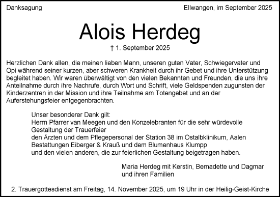 Traueranzeige von Alois Herdeg von Schwäbische Post