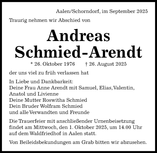 Traueranzeige von Andreas Schmied-Arendt von Schwäbische Post