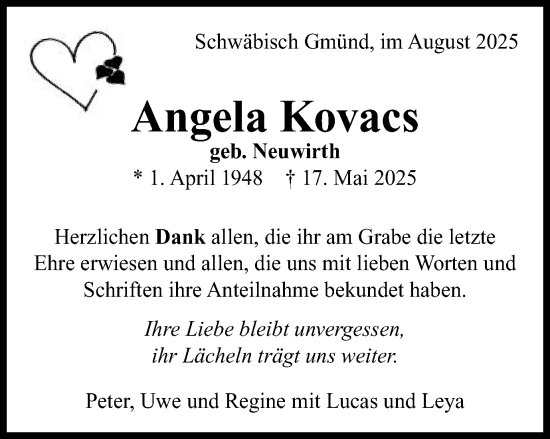Traueranzeige von Angela Kovacs von Gmünder Tagespost