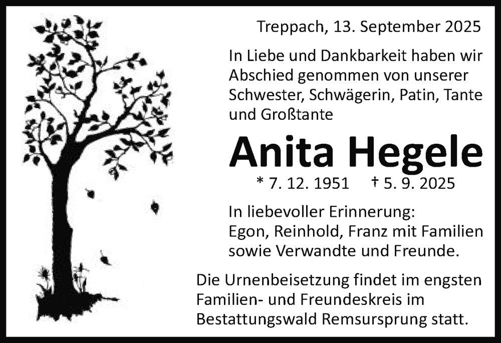  Traueranzeige für Anita Hegele vom 13.09.2025 aus Schwäbische Post