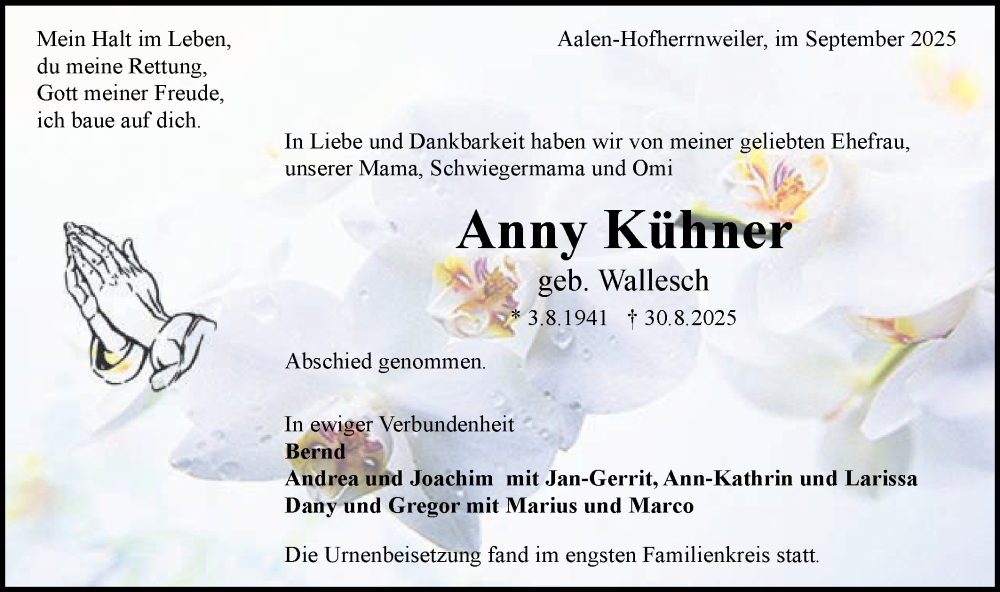 Traueranzeige für Anny Kühner vom 16.09.2025 aus Schwäbische Post
