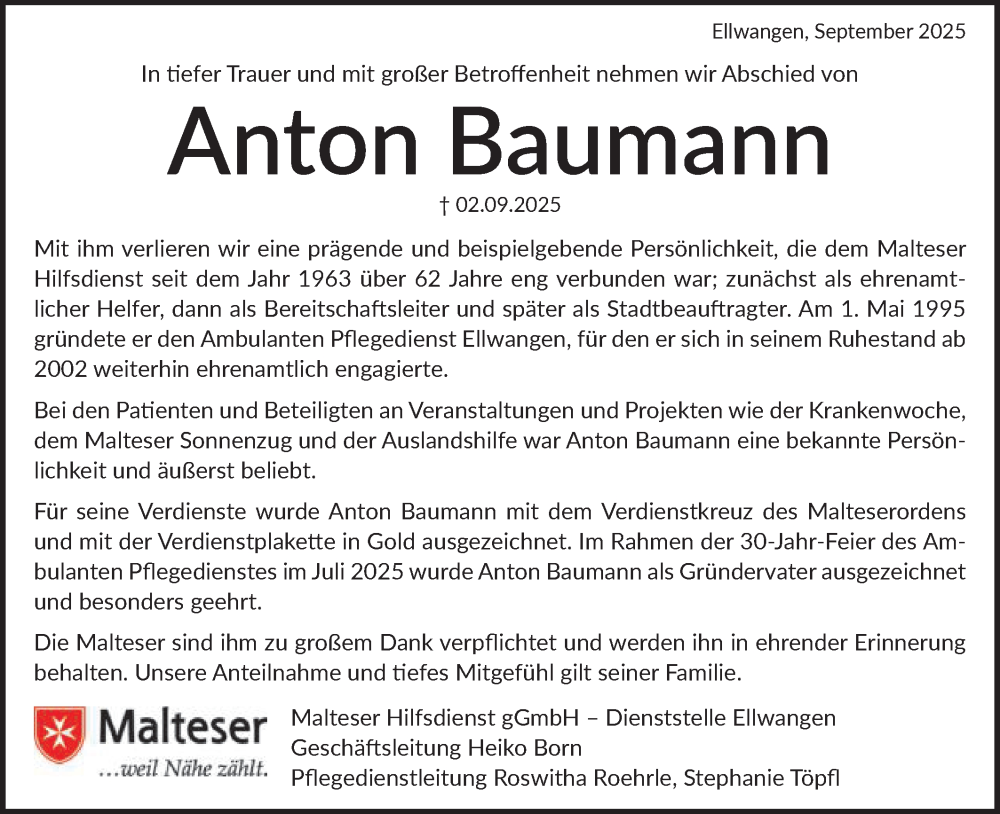  Traueranzeige für Anton Baumann vom 06.09.2025 aus Schwäbische Post