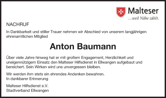 Traueranzeige von Anton Baumann von Schwäbische Post
