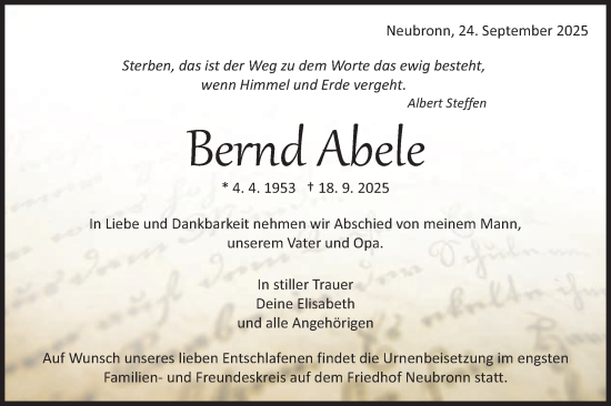 Traueranzeige von Bernd Abele von Schwäbische Post