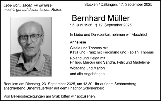 Traueranzeige von Bernhard Müller von Schwäbische Post