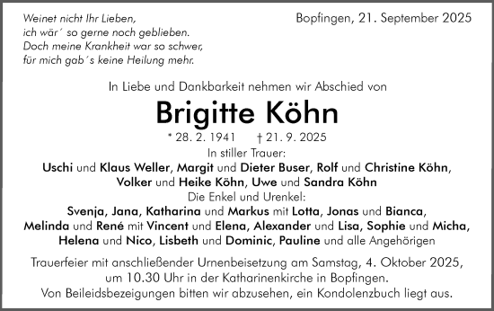 Traueranzeige von Brigitte Köhn von Schwäbische Post