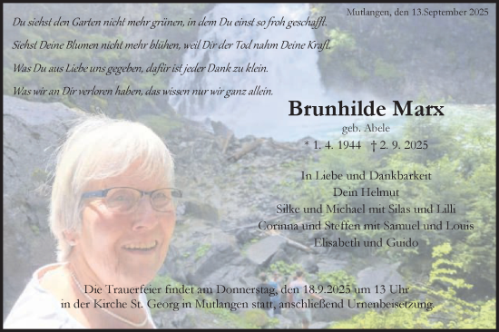 Traueranzeige von Brunhilde Marx von Gmünder Tagespost