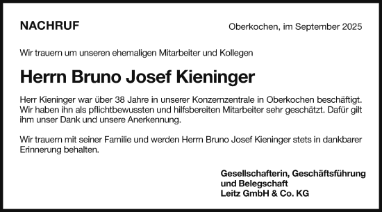 Traueranzeige von Bruno Josef Kieninger von Schwäbische Post