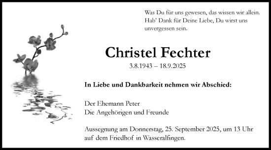 Traueranzeige von Christel Fechter von Schwäbische Post