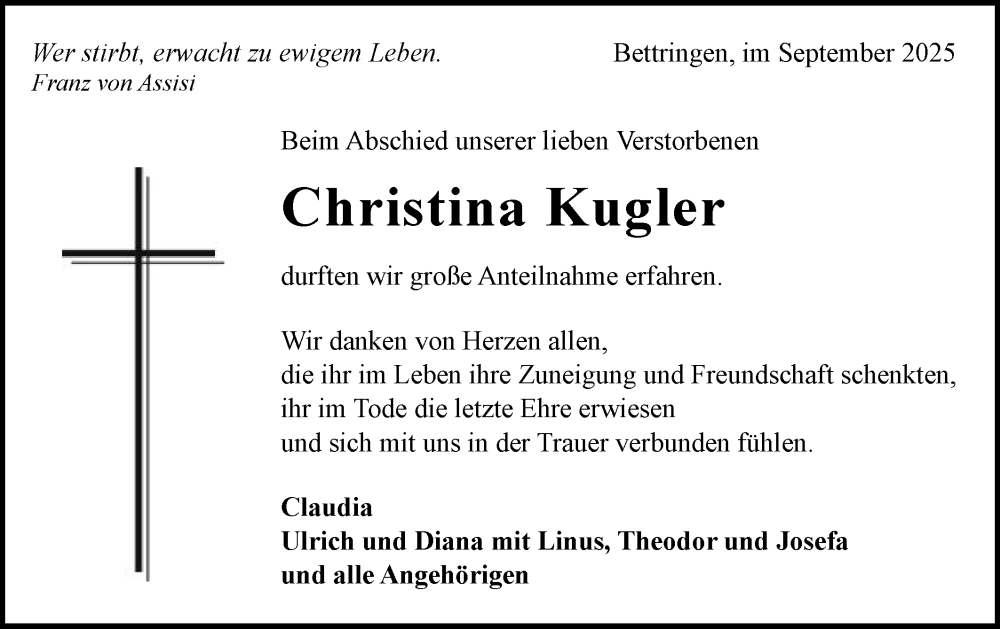  Traueranzeige für Christina Kugler vom 05.09.2025 aus Gmünder Tagespost