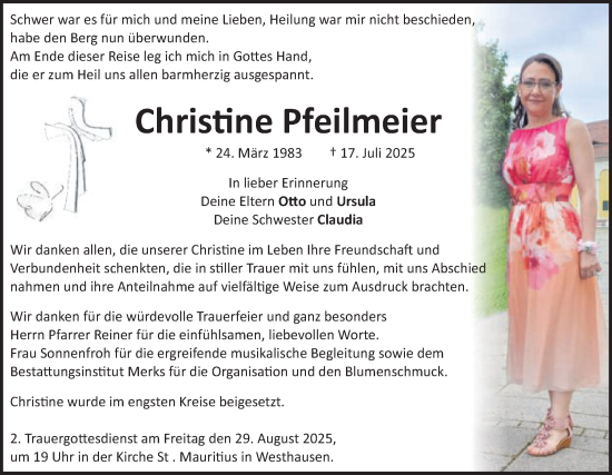 Traueranzeige von Christine Pfeilmeier von Schwäbische Post