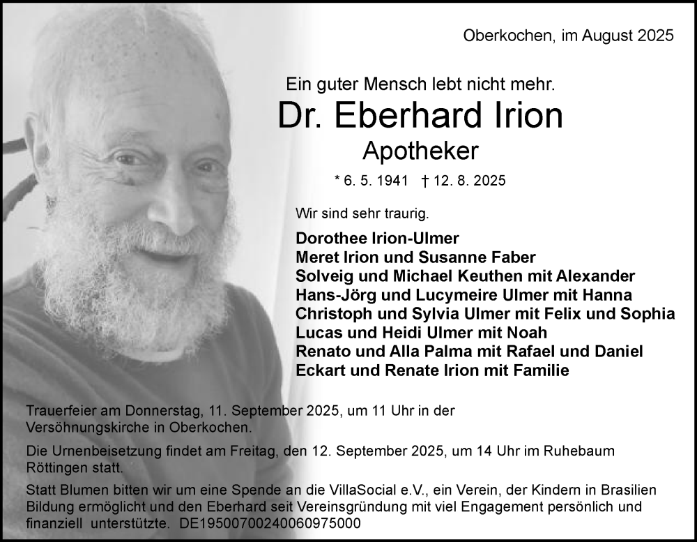  Traueranzeige für Eberhard Irion vom 05.09.2025 aus Schwäbische Post