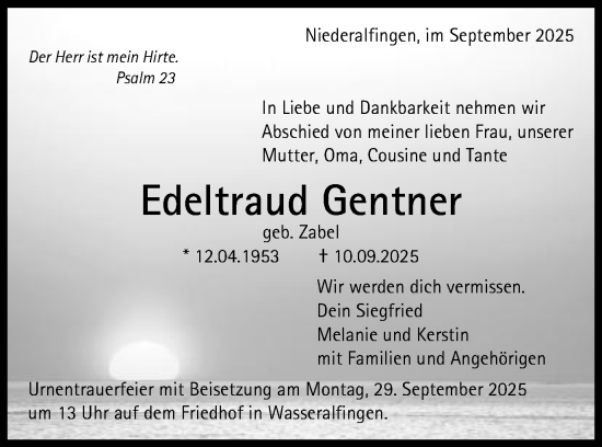 Traueranzeige von Edeltraud Gentner von Schwäbische Post