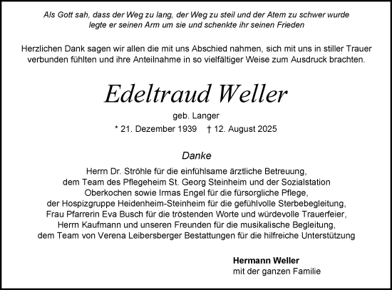 Traueranzeige von Edeltraud Weller von Schwäbische Post