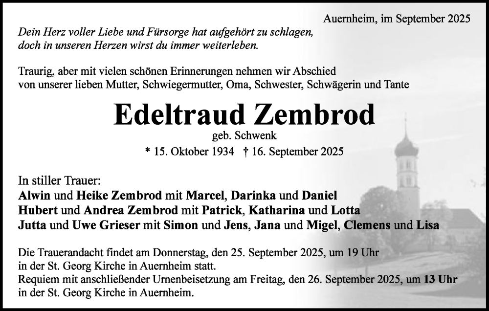  Traueranzeige für Edeltraud Zembrod vom 23.09.2025 aus Schwäbische Post
