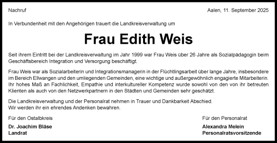 Traueranzeige von Edith Weis von Schwäbische Post