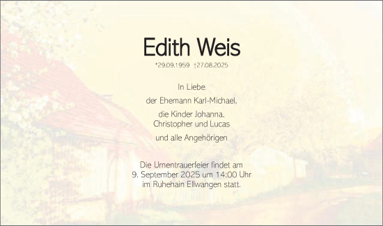 Traueranzeige von Edith Weis von Schwäbische Post