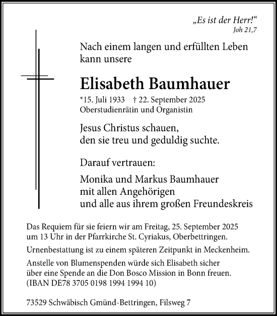 Traueranzeige von Elisabeth Baumhauer von Gmünder Tagespost