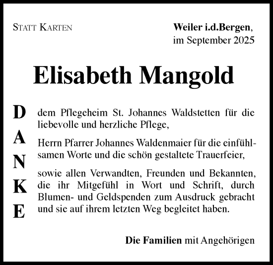 Traueranzeige von Elisabeth Mangold von Gmünder Tagespost