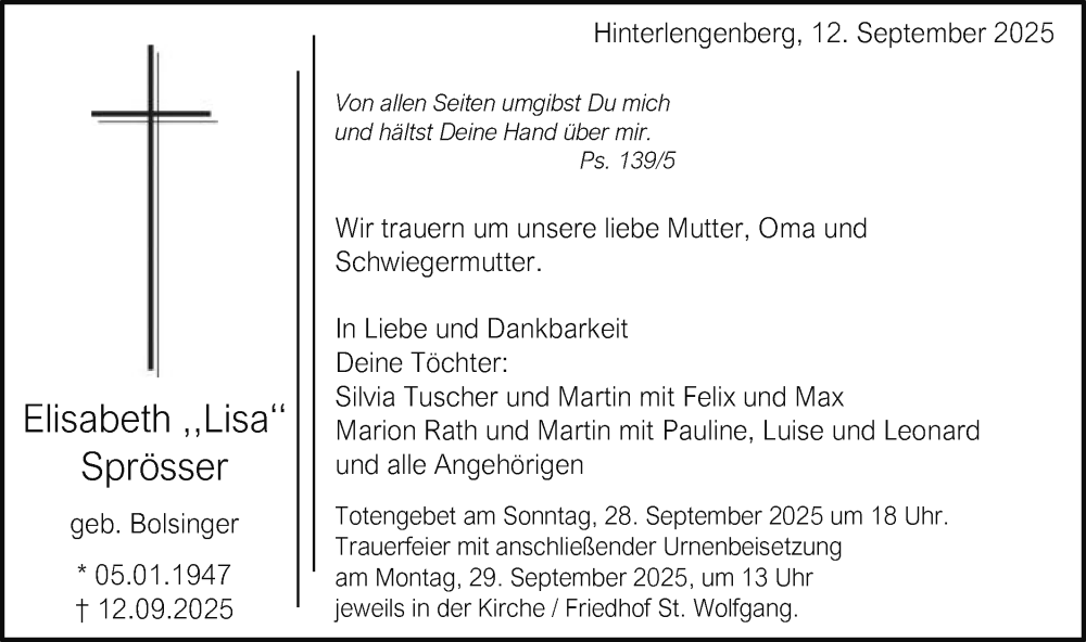  Traueranzeige für Elisabeth Sprösser vom 25.09.2025 aus Schwäbische Post