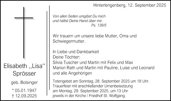 Traueranzeige von Elisabeth Sprösser von Schwäbische Post
