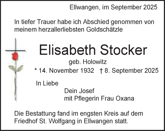 Traueranzeige von Elisabeth Stocker von Schwäbische Post