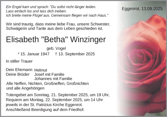 Traueranzeige von Elisabeth Winzinger von Schwäbische Post