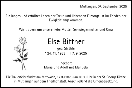 Traueranzeige von Else Bittner von Gmünder Tagespost