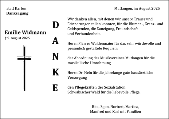 Traueranzeige von Emilie Widmann von Gmünder Tagespost