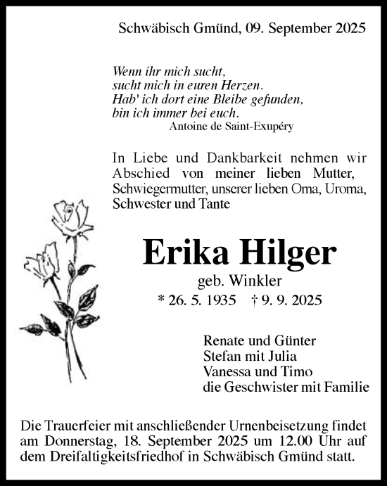 Traueranzeige von Erika Hilger von Gmünder Tagespost