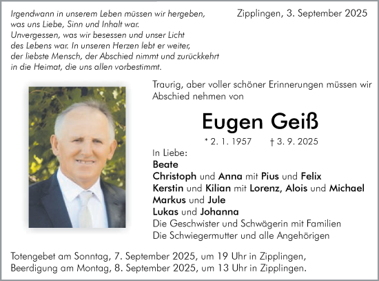 Traueranzeige von Eugen Geiß von Schwäbische Post