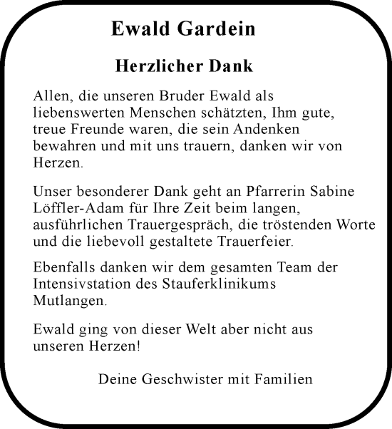 Traueranzeige von Ewald Gardein von Gmünder Tagespost