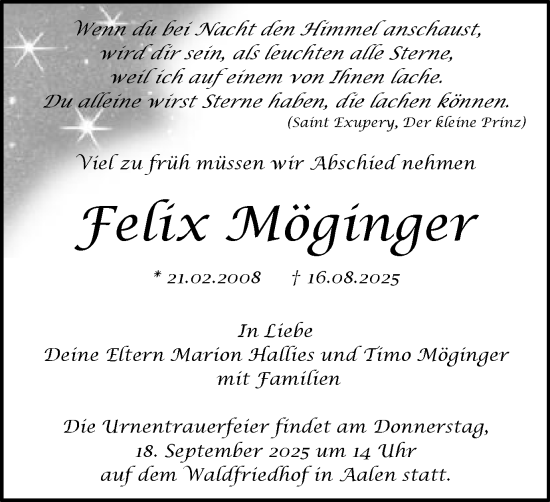 Traueranzeige von Felix Möginger von Schwäbische Post