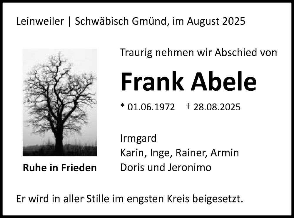  Traueranzeige für Frank Abele vom 06.09.2025 aus Gmünder Tagespost