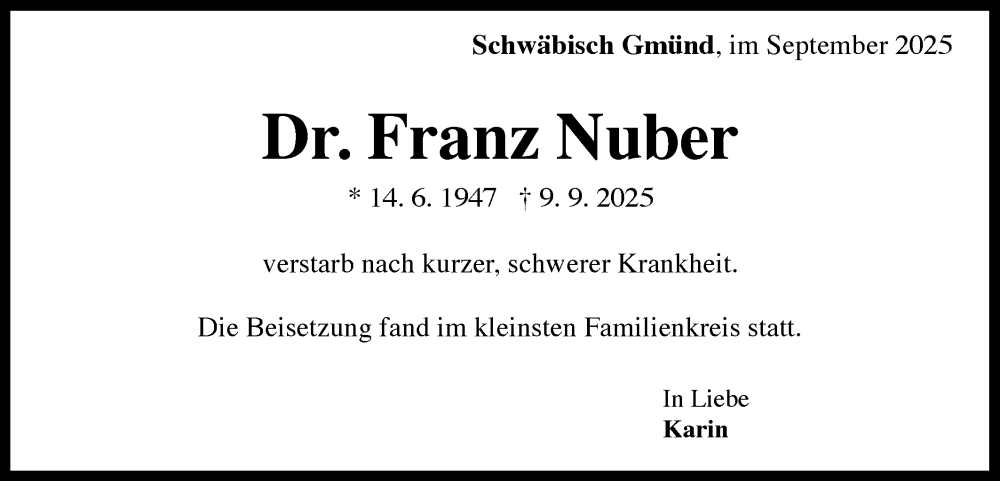  Traueranzeige für Franz Nuber vom 24.09.2025 aus Gmünder Tagespost
