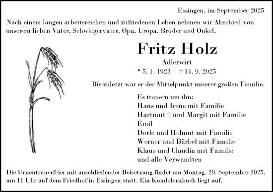 Traueranzeige von Fritz Holz von Schwäbische Post