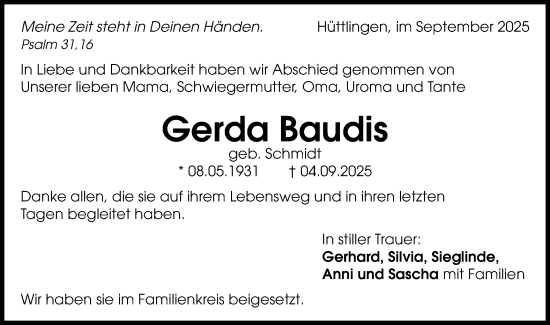 Traueranzeige von Gerda Baudis von Schwäbische Post
