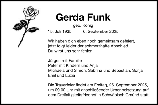 Traueranzeige von Gerda Funk von Gmünder Tagespost