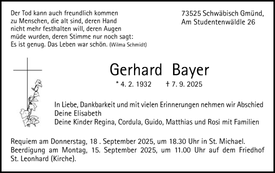 Traueranzeige von Gerhard Bayer von Gmünder Tagespost