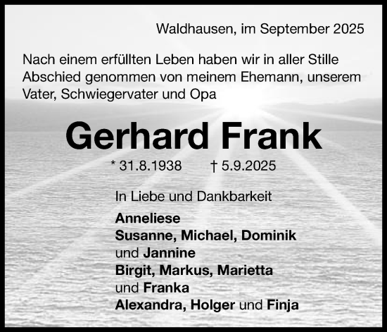 Traueranzeige von Gerhard Frank von Schwäbische Post