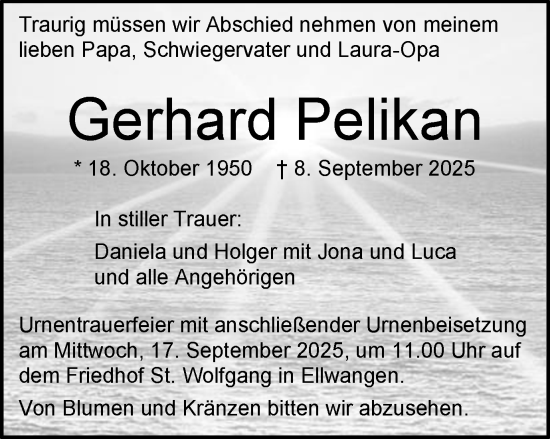 Traueranzeige von Gerhard Pelikan von Schwäbische Post